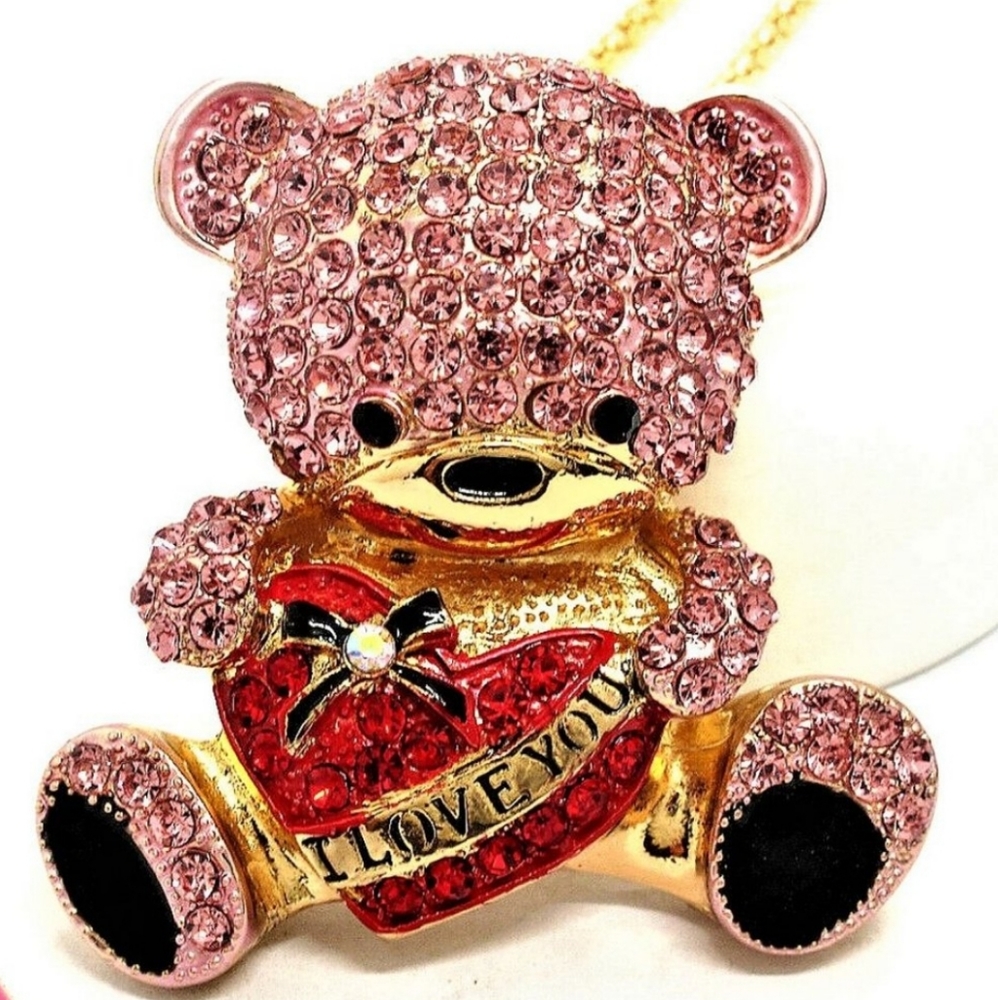 NEW-Pink Crystal, "I Love You" Bear, Brooch Pin